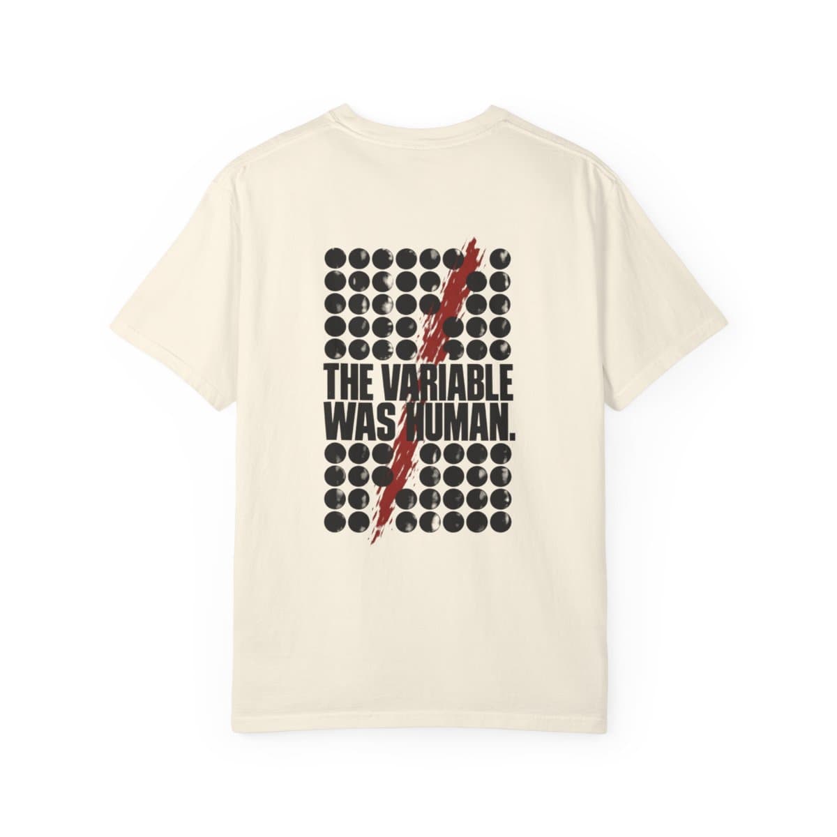 Back mockup of the Human Variable garment-dyed tee in Ivory.