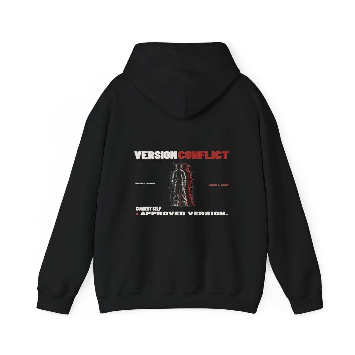 Back mockup of the Version Conflict core hoodie in Black.