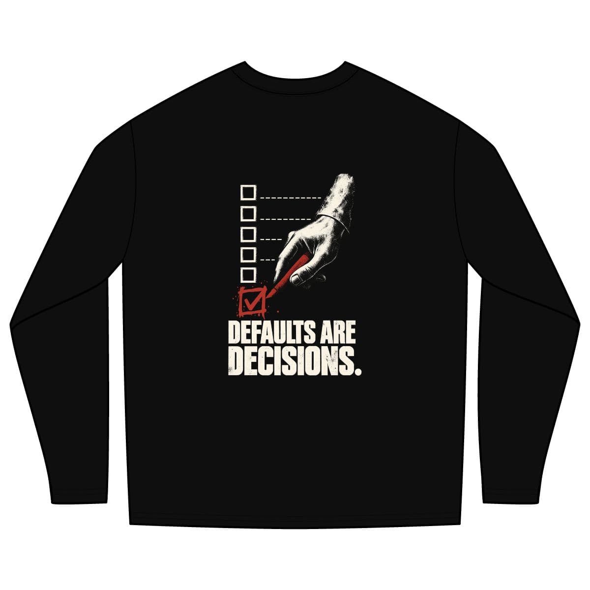 Default Decision — Long-Sleeve Tee product mockup.