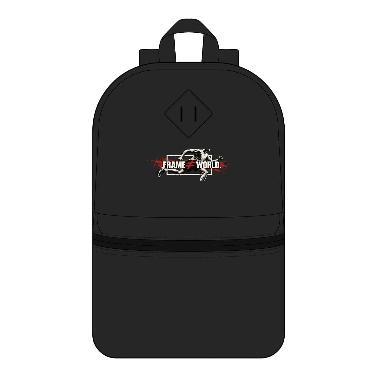 Frame Is Not World — Backpack product mockup.