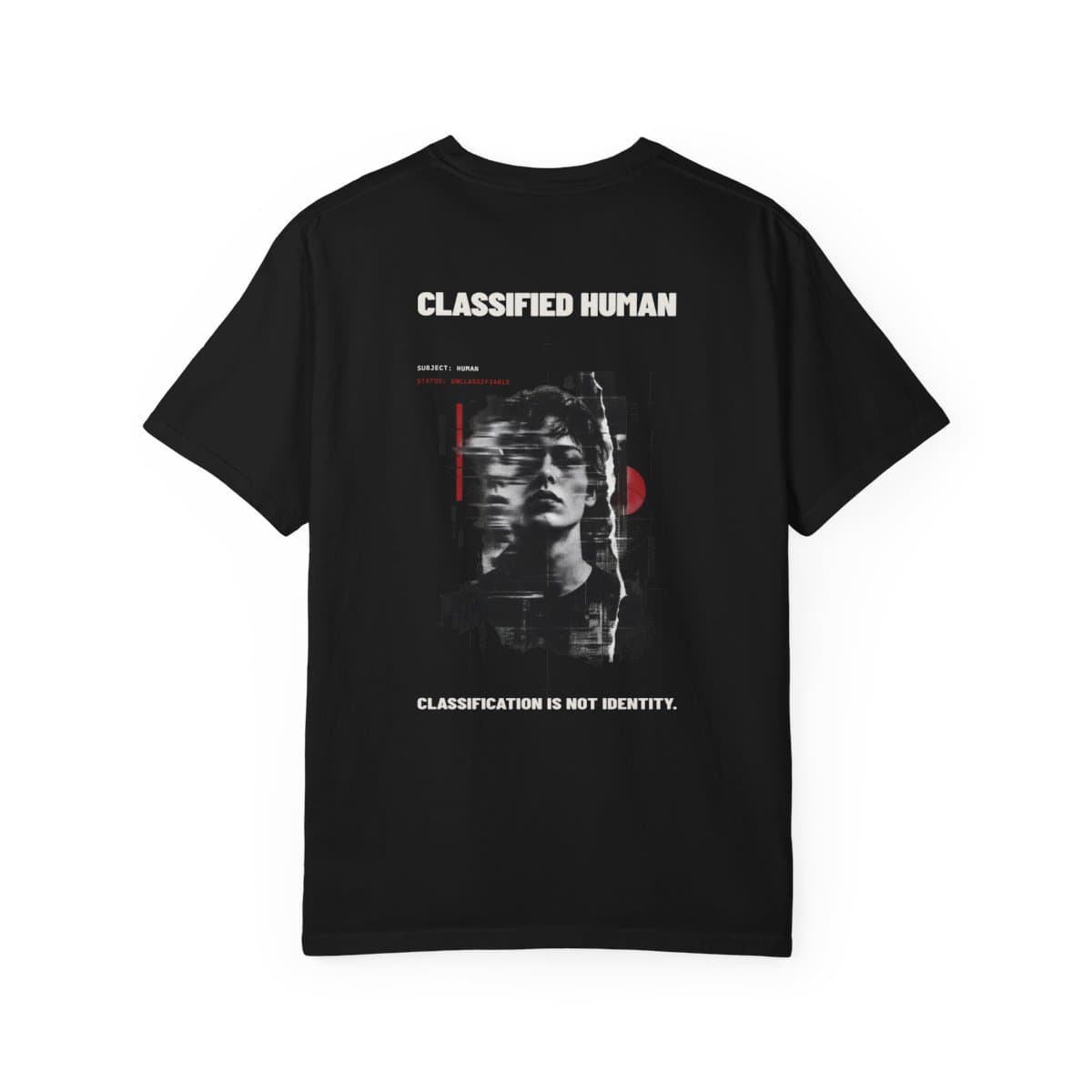 Back mockup of the Classified Human garment-dyed tee in Black.