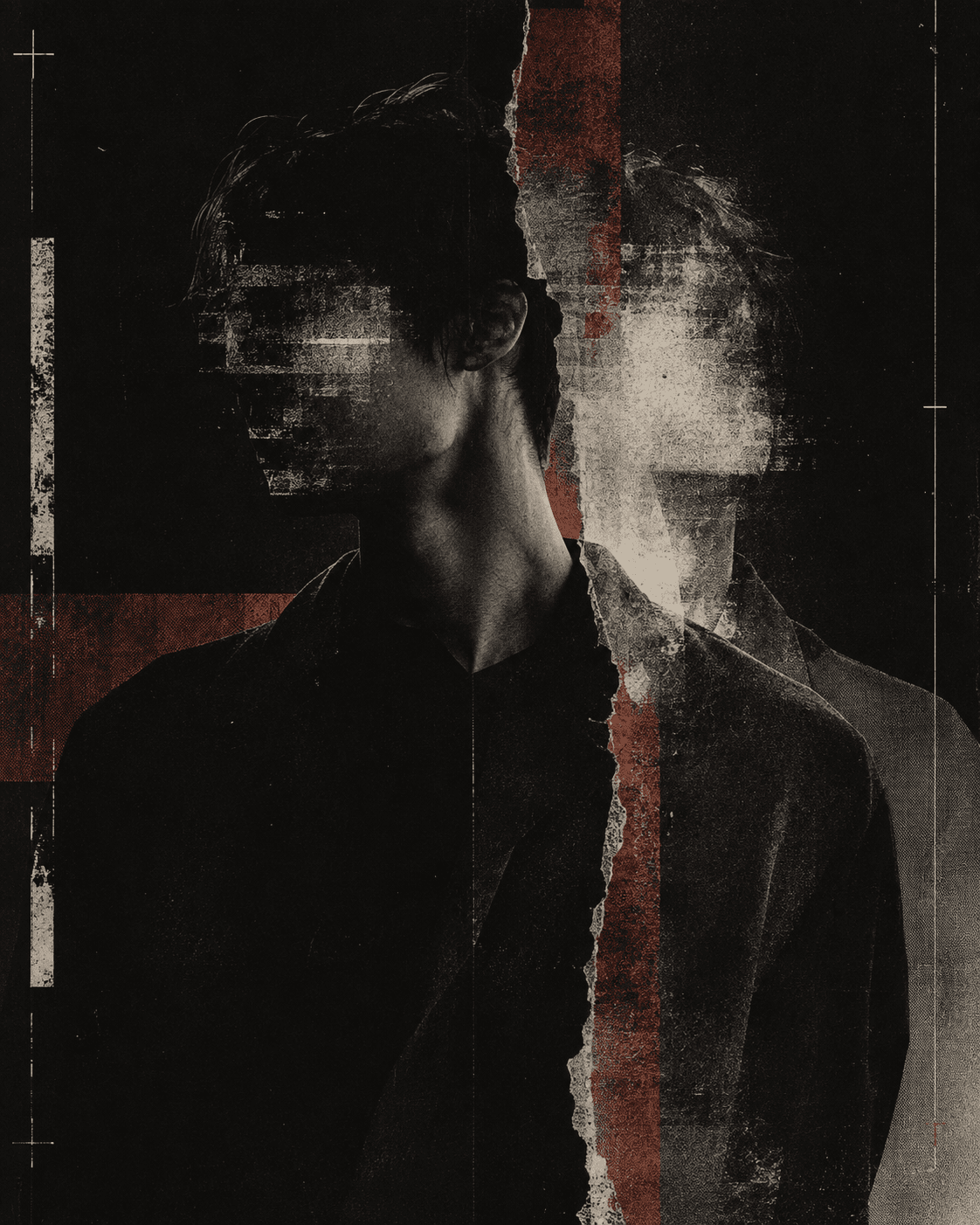 Two offset anonymous figures formed from halftone and torn emulsion
